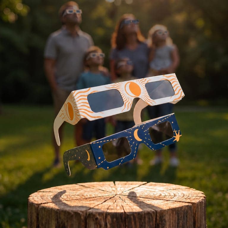 Ochelari pentru observarea eclipsei solare WLD Artwork 2026 – Certificați ISO 12312-2 și CE – Auriu-Albastru – 1 pereche (set incomplet) — set de 2 bucăți