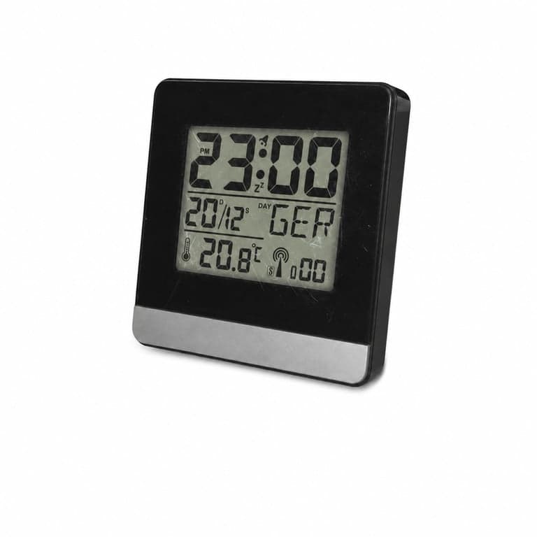 Ceas deșteptător digital radio-controlat Technoline WT 260 DCF77, negru, afișaj LCD, termometru interior — ecran zgâriat (stare: vezi a 2-a imagine)