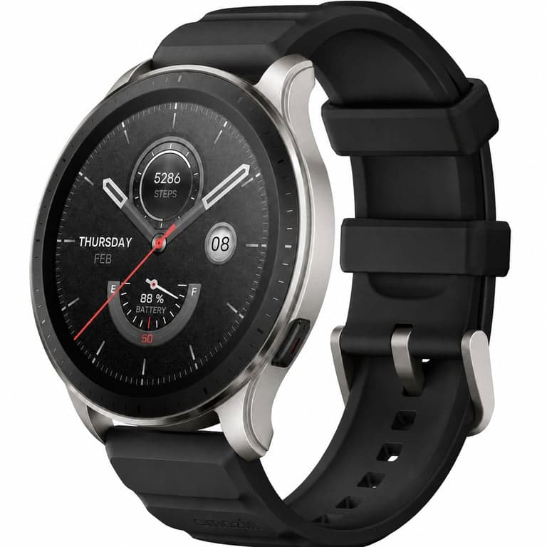 Ceas inteligent Amazfit GTR 4 de culoare neagră, cu curea neagră — defect, pentru piese: rotița de navigare (coronița) nu funcționează (stare: vezi a doua imagine)