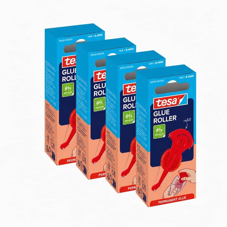 Rezervă pentru aplicator de lipici tesa Glue Roller Permanent, 14 m x 8,4 mm, set (stoc parțial) — set de 4 bucăți