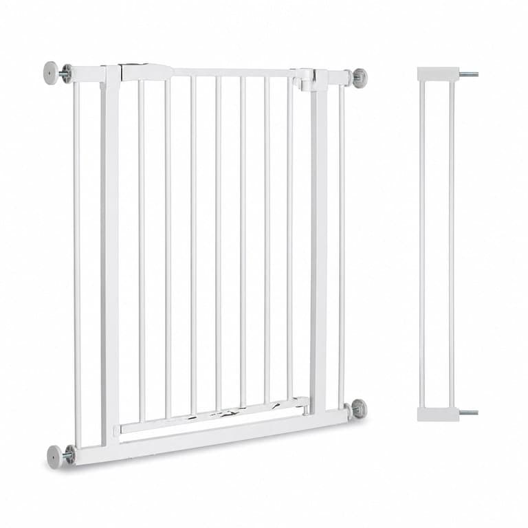 Poartă de siguranță hauck Open N Stop 2, albă, 84-89 cm, cu extensie de 9 cm - utilizată, urme ușoare de uzură — lipsește 1 șurub (stare: vezi a 2-a fotografie)
