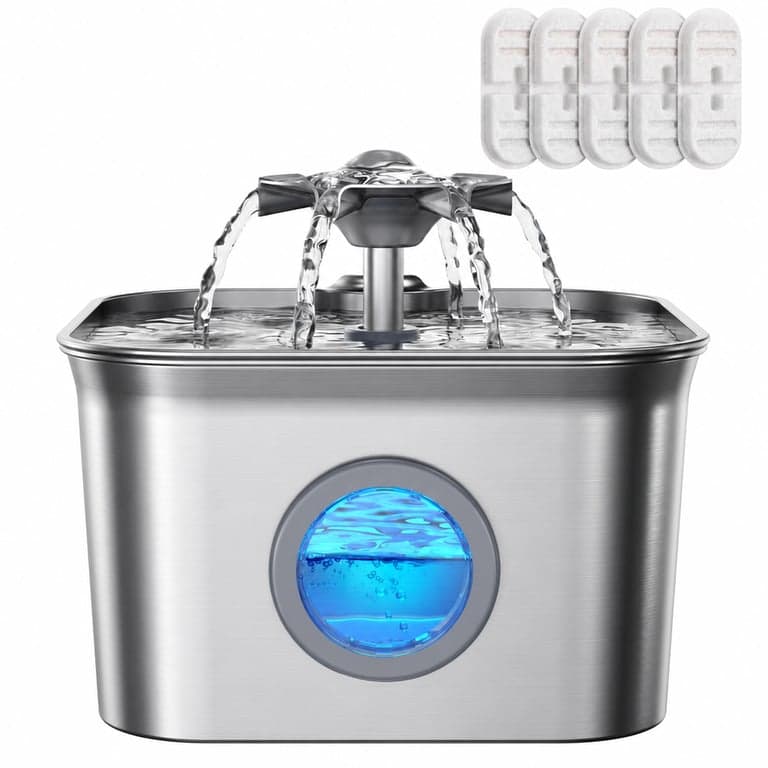 Fântână de băut pentru pisici FEELNEEDY din oțel inoxidabil, 2,8 litri, cu 5 filtre (1 filtru — lipsește 1 buc. filtru (stare: vezi imaginea a 2-a)