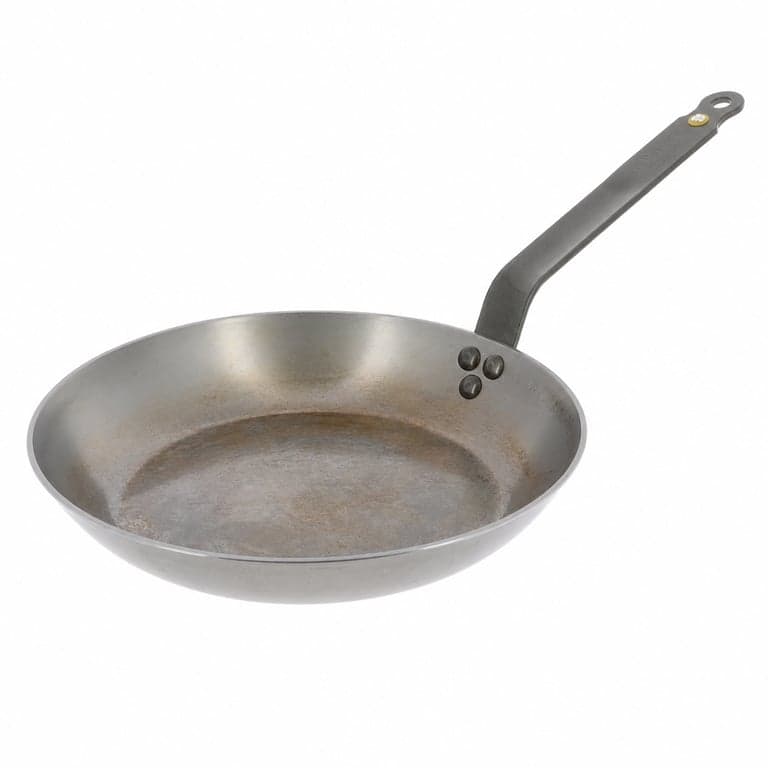 Tigaie din oțel carbon De Buyer Mineral B 28 cm - Utilizată, cu pete de grăsime, uzată — pete de grăsime, uzată, arsă (stare: vezi a 2-a fotografie)
