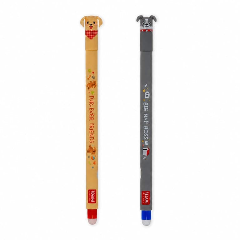Set de pixuri cu gel ștergibile LEGAMI Fur-ever Friends – 0,7 mm, cerneală multicoloră (roșu, albastru, negru), model cu cățeluși, set de 2 bucăți