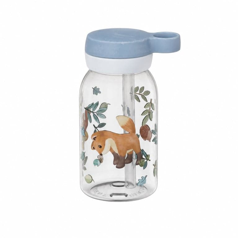 Sticlă pentru copii Mepal Campus cu pai, 450 ml - model Forest Friends, capac albastru — încercată (stare: vezi a 2-a poză)