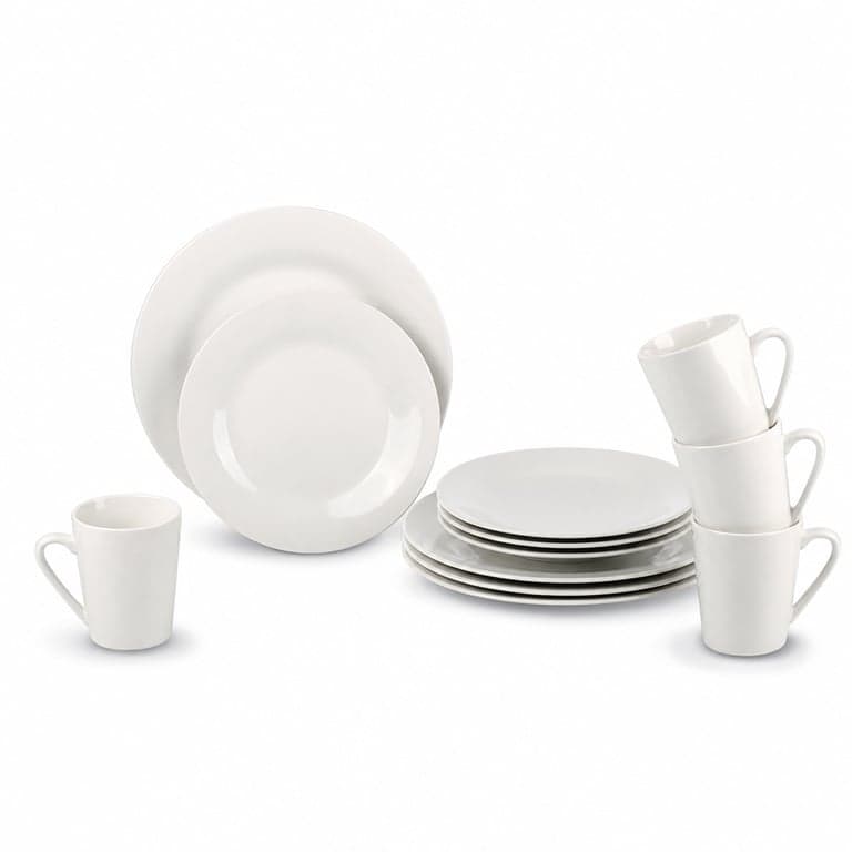 Set de veselă Alpina pentru 4 persoane - Set farfurii și boluri din ceramică albă - Farfurii plate — lipsește 1 bol (stare: vezi a 2-a imagine)