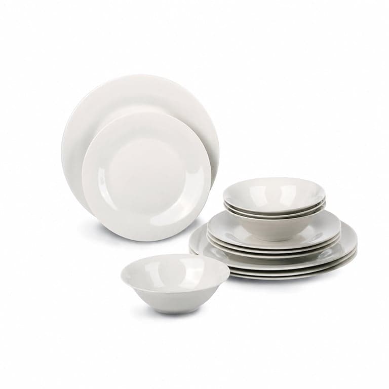 Set de veselă Alpina pentru 4 persoane, farfurii și boluri din gresie albă, compatibil cu cuptorul cu microunde — lipsește 1 ceașcă (stare: vezi a 2-a imagine)