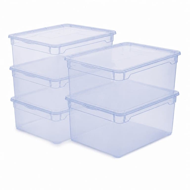 Cutie de depozitare transparentă Rotho Clear cu capac, stivuibilă, albastru, 10 L, set de 5 bucăți (pachet incomplet)