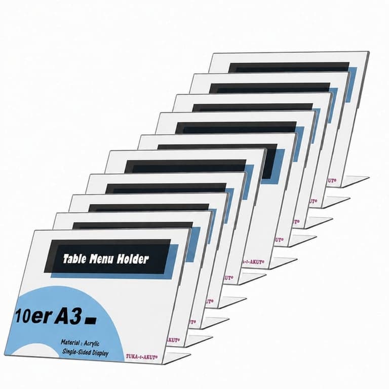Suport de masă din acril TUKA-i-AKUT TKD8201-A3, format A3 orizontal, tip L, pentru meniuri și prospecte, acril transparent de 3 mm, set de 10 bucăți