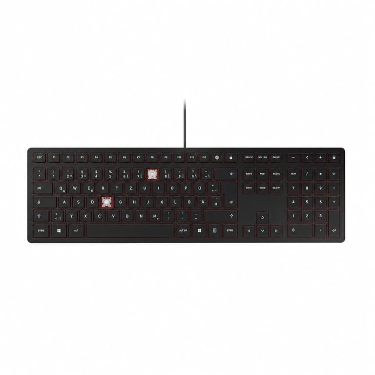 Tastatură USB CHERRY KC 6000 Slim, negru, layout german QWERTZ — defectă, pentru piese: lipsesc 2 taste (stare: vezi a doua imagine)