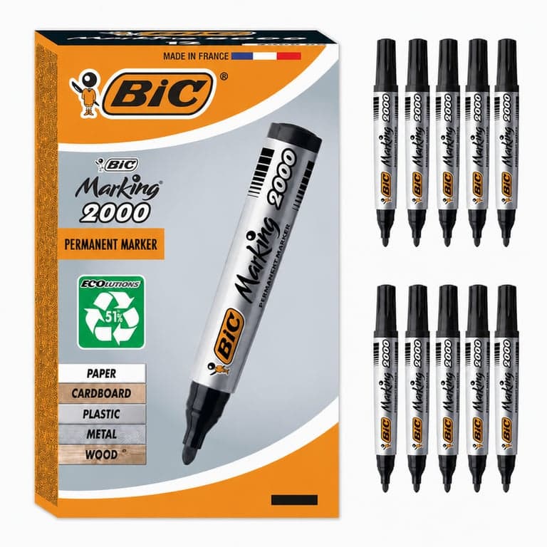Marker permanent BIC Marking 2000 negru, 1,7 mm, pentru hârtie, metal, lemn, plastic, sticlă — set de 10 bucăți (lipsesc 2 bucăți)