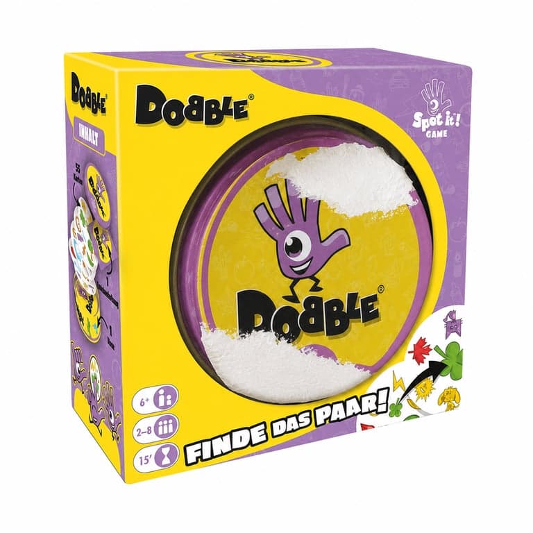 Joc de cărți Zygomatic Dobble Classic, 2-8 jucători, începând cu vârsta de 6 ani, 55 de cărți — defect, funcționează parțial: câteva cărți sunt deteriorate (stare: vezi a 2-a fotografie)