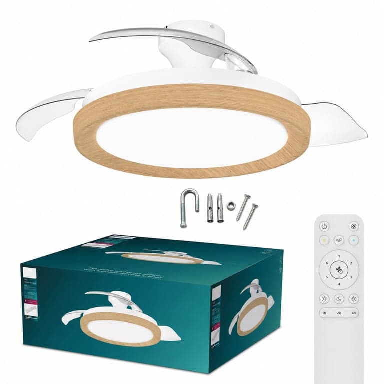 Ventilator de tavan Philips Bliss cu iluminare LED, palete retractabile, 106 cm, 2700-5500K, cu telecomandă, design cu aspect de lemn