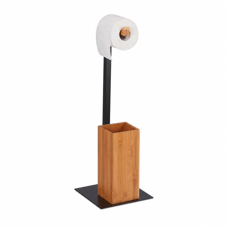 Set suport hârtie igienică și perie WC Relaxdays, bambus și metal, 60x20x20 cm, natur/negru — perie WC și capac lipsă (stare: vezi poza 2)