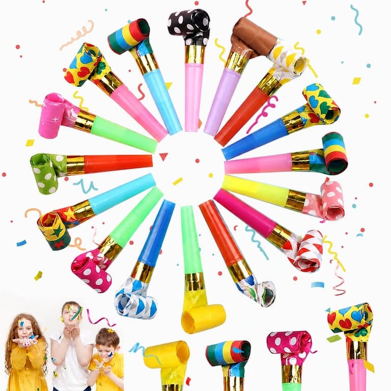 Set de suflători colorate pentru petreceri, pentru copii și adulți – 28 bucăți de fluiere și trompete din hârtie reutilizabile pentru zile de naștere, petreceri și evenimente