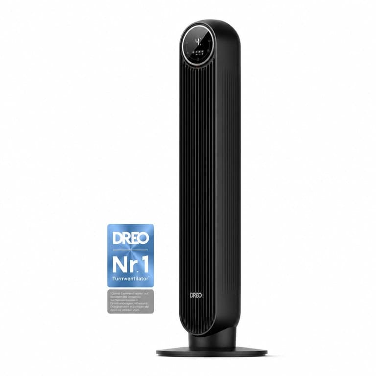 Ventilator turn DREO, Negru, 8 viteze, 4 moduri, oscilație 90°, afișaj LED, silențios — Telecomanda lipsește (stare: vezi a 2-a poză)