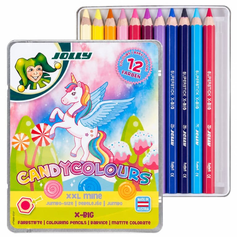 Set creioane colorate groase, rezistente la rupere, JOLLY Superstick X-Big în cutie metalică, 6,4 — 12/11 culori în pachet (stare: vezi a 2-a poză)