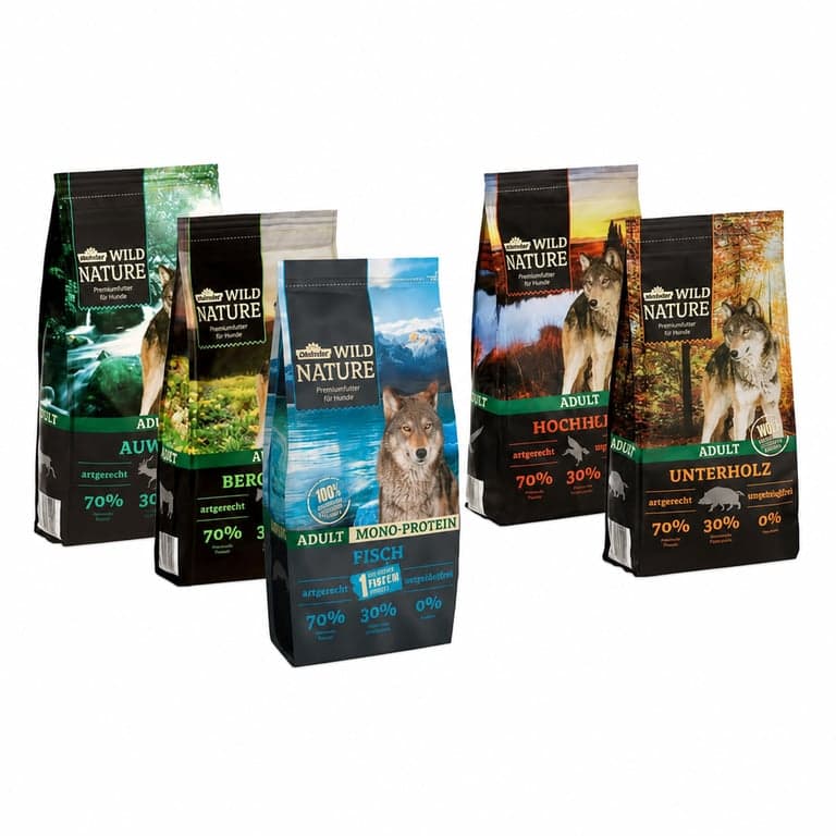 Pachet de probă hrană uscată pentru câini Dehner Wild Nature 5 x 1 kg – fără cereale, 70% proteine animale, pentru câini adulți, arome mixte – set de 5 bucăți