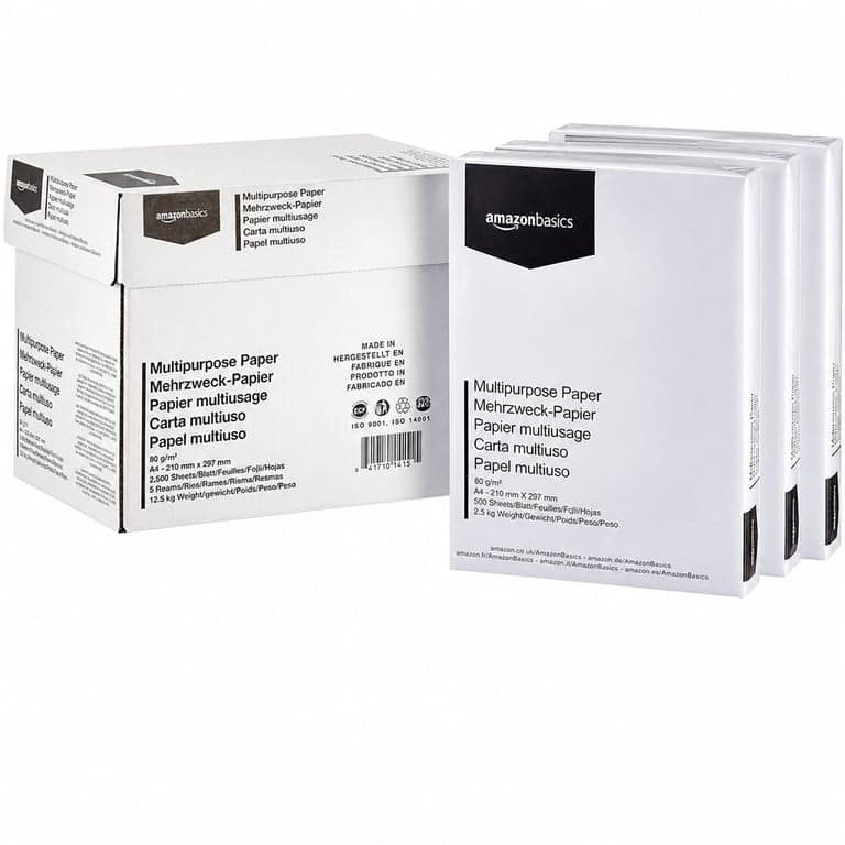 Hârtie pentru imprimantă AmazonBasics A4, 80 g/m², alb, 5 pachete, 2500 de coli (4x500 coli disponibile, stoc parțial) — set de 4 bucăți