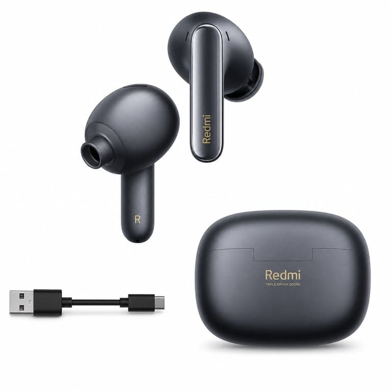 Căști Bluetooth Xiaomi Redmi Buds 6 Pro, ANC 55 dB, autonomie 36 ore — lipsesc pernițele auriculare (stare: vezi a 2-a poză)