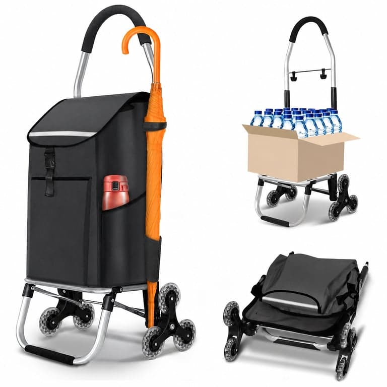 Cărucior de cumpărături din aluminiu VOUNOT, 3 în 1, cu sistem pentru urcarea scărilor, pliabil, cu compartiment frigorific și cârlig, 6 roți — Produs nou (stare: vezi a 2-a imagine)