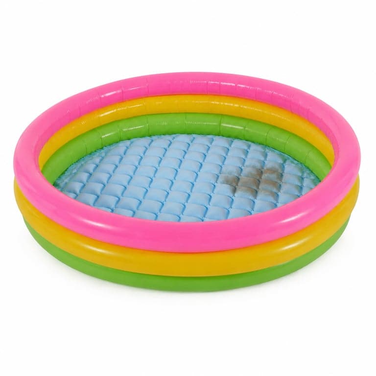 Piscină gonflabilă pentru copii Intex Sunset Glow, 147x147x33 cm, 300 litri, 3 inele, colorată, utilizată, pătată (stare: vezi poza a 2-a)