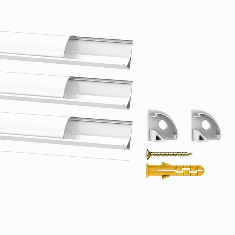 Profil de colț din aluminiu pentru bandă LED Chesbung, alb, formă în V, 4x1 m (pentru benzi de 1-12 mm), cu capac alb mat, capace de capăt și clipsuri metalice, 45 de grade — set de 4 bucăți