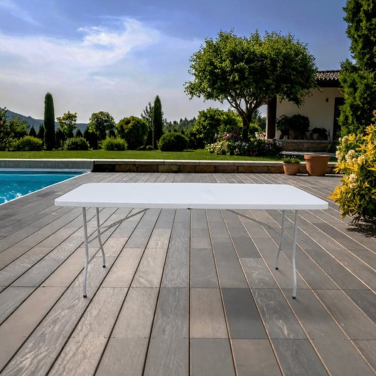 Masă de grădină pliabilă KAMBERG 180x74x74 cm, albă, pentru 8-10 persoane — masa este ușor îndoită în două locuri (stare: vezi a doua imagine)