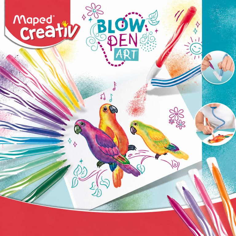 Set de carioci cu aerograf Maped Creativ Blow Pen Art, cu markere colorate și tub de suflat, pentru desen creativ, pentru copii de la 5 ani — set de 22 piese
