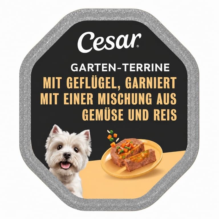 Hrană umedă pentru câini Cesar Garten-Terrine cu aromă de pasăre, legume și orez, 7 tăvițe (7 x 150 g) — set de 7 bucăți