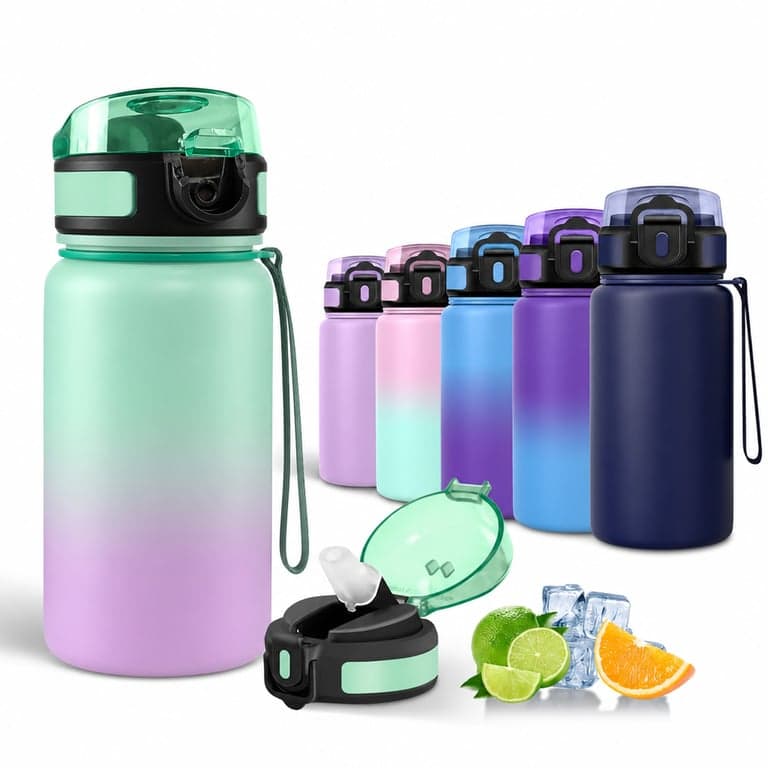 Sticlă din oțel inoxidabil Motswedi cu pai, 750 ml, Aquamarin-Mov — defectă, funcționează parțial: Închizătoare capac ruptă (stare: vezi a 2-a fotografie)