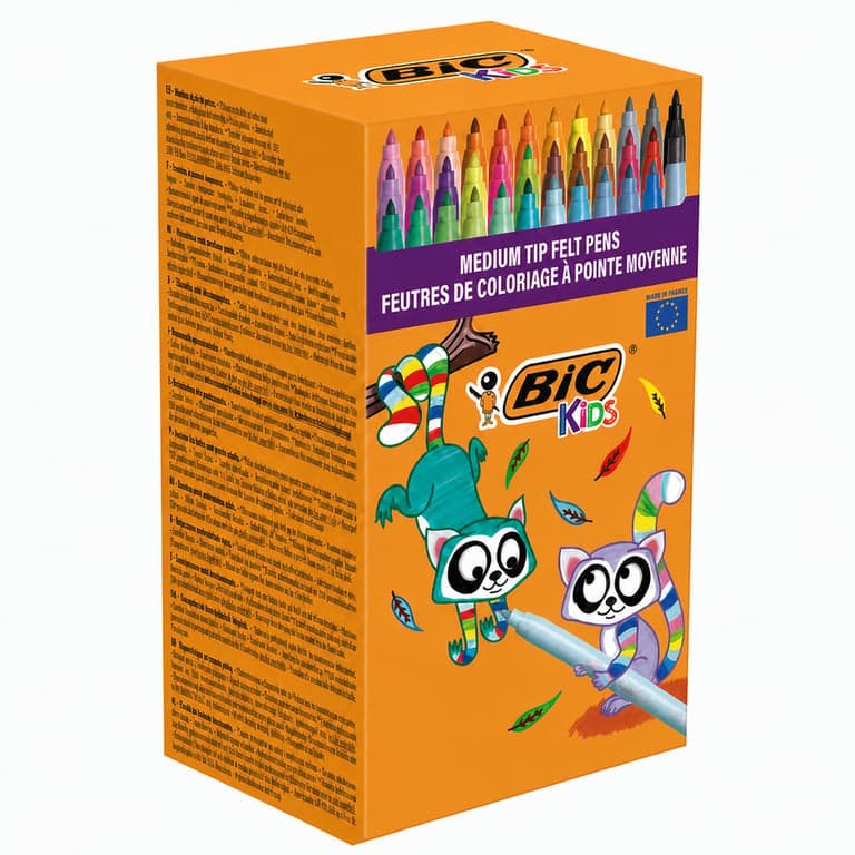 Markere BIC Kids Kid Couleur pentru copii - Culori asortate, vârf mediu, ultra-lavabile, set, cutie de carton — set de 35 bucăți