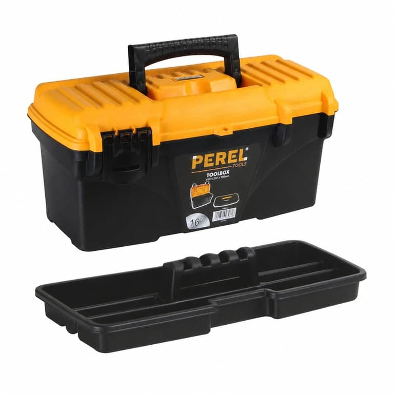 Cutie de scule Perel Toolbox 16,7 L cu tavă detașabilă, 41x20,9x19,5 cm — Încuietoarea din dreapta lipsește (stare: vezi poza 2)