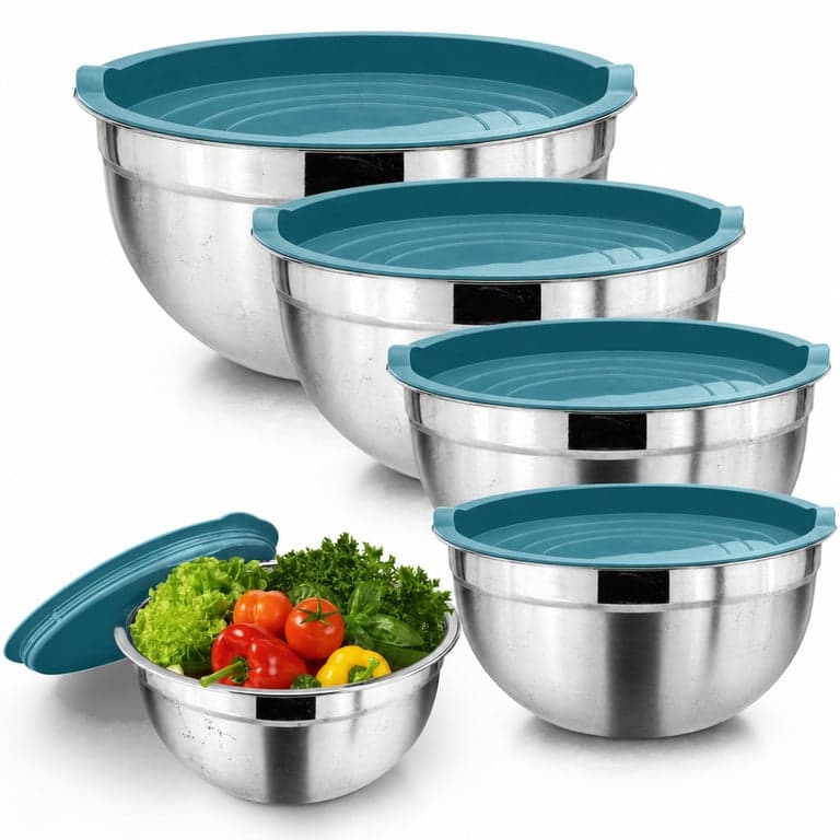 Set de boluri pentru amestecare din oțel inoxidabil Homikit cu capac, 5 piese, 4,5 L / 2,7 L / — Prezintă urme de utilizare în mai multe locuri (stare: vezi a 2-a fotografie)
