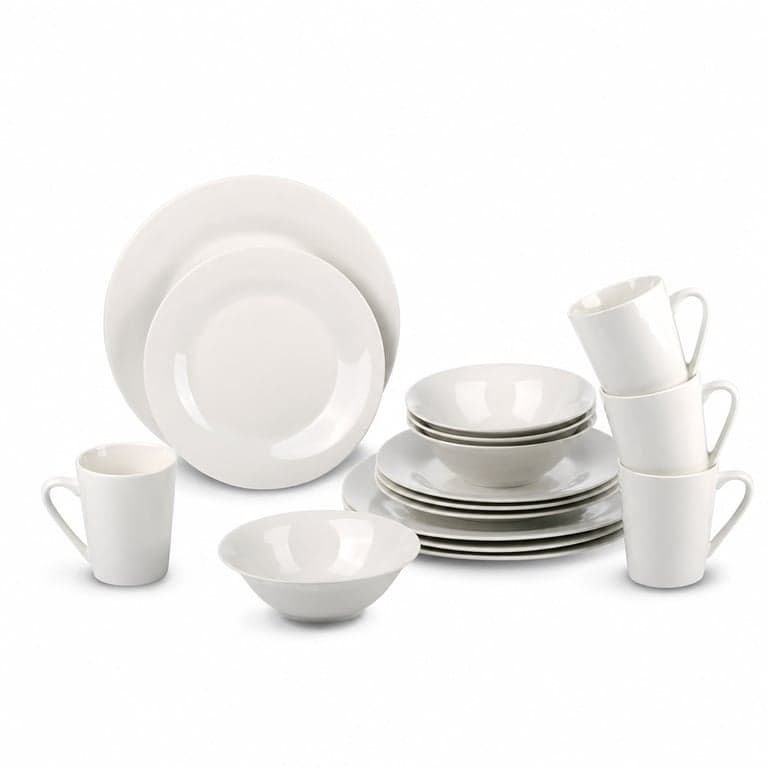 Set de veselă Alpina pentru 4 persoane, set de farfurii și boluri din ceramică albă, căni — lipsește 1 farfurie de desert (stare: vezi a 2-a imagine)