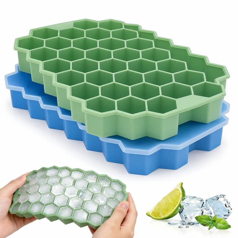 Set 2 tăvițe din silicon pentru gheață Zonopy, 37 de compartimente, model hexagonal, stivuibile — 1 buc. fără capac din plastic (stare: vezi a 2-a poză)