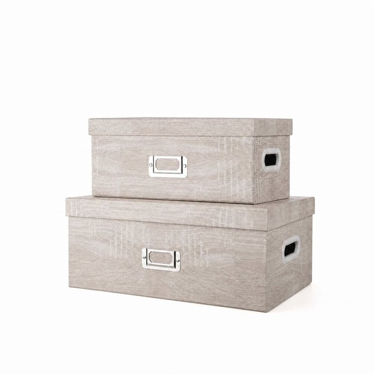 Set 2 Cutii de Depozitare cu Capac Hollyone (2 cutii mai mici), din Carton, Stivuibile, Decorative, cu Mânere, Model Lemn, pentru Acasă