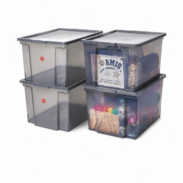 Set 4 cutii de depozitare din plastic Iris Ohyama USB-M cu capac, gri transparent, 30 L, 42x36x26 cm, stivuibile