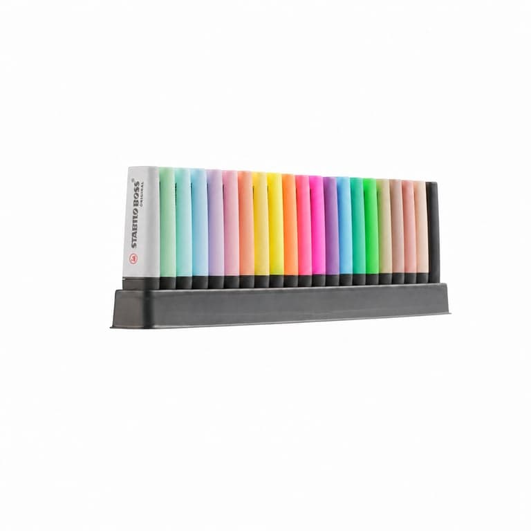 Set de markere fluorescente STABILO BOSS Original, set de birou cu culori mixte: 8 culori fluorescente + 8 pastel + 6 naturale + 1 marker negru, cu suport — set de 22 piese