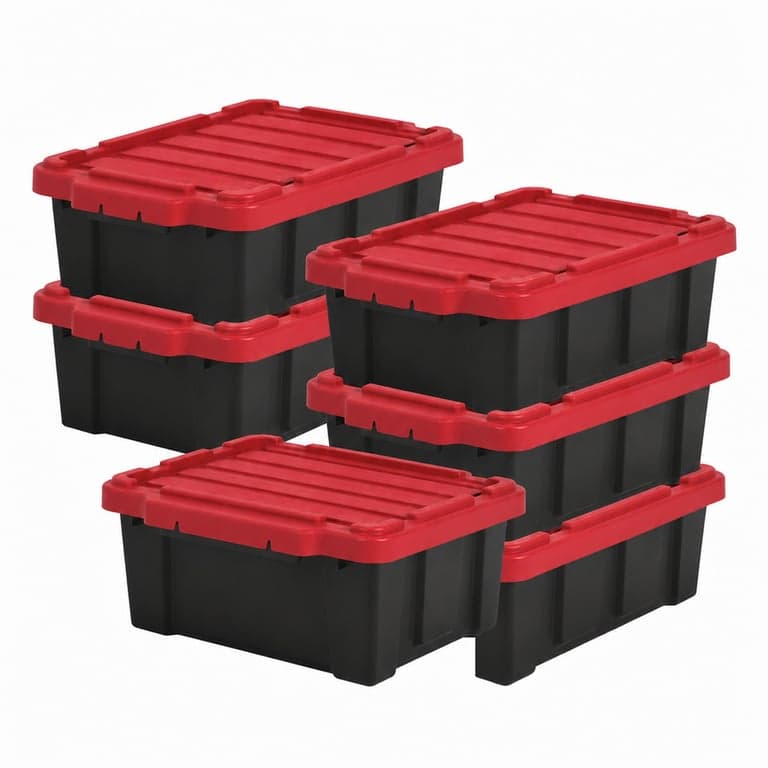 Cutie de depozitare din plastic Iris Ohyama DDSKT-130 cu capac, 12,5 L, roșu-negru, stivuibilă, pentru garaj și rafturi, set de 5 bucăți