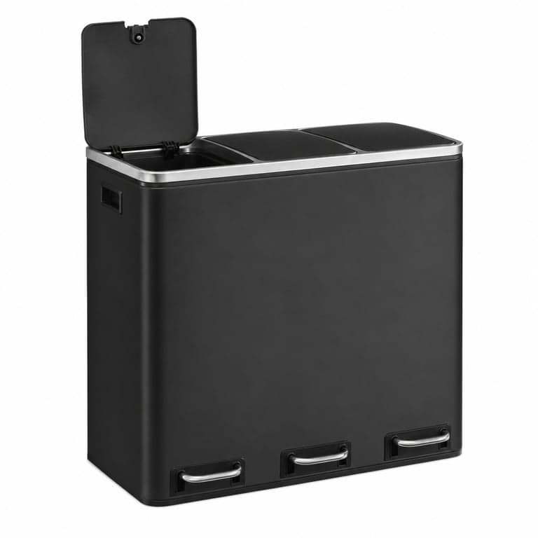 Coș de gunoi selectiv SONGMICS cu 3 compartimente 3x18L, oțel negru, cu pedală — defect, funcționează parțial (stare: vezi a 2-a imagine)