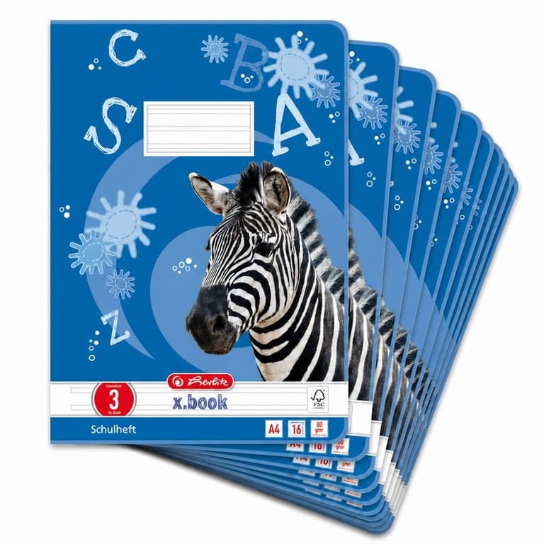 Caiet școlar Herlitz x.book A4, liniatură tip 3 (clasa a 3-a), 16 file, model zebră albastru, hârtie 80 g/m² certificată FSC — set de 9 bucăți