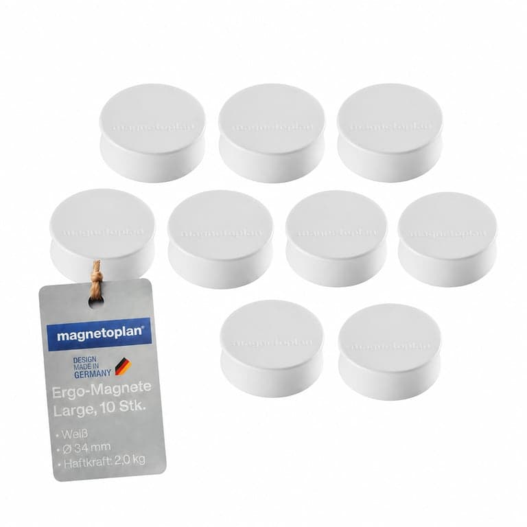 Magneți rotunzi magnetoplan Ergo-Magnete Large, albi, 34 mm, pentru tablă și uz de birou – set de 9 bucăți
