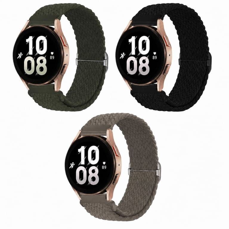 chinbersky Curea împletită din nailon de 20 mm pentru smartwatch, compatibilă cu Samsung Galaxy Watch 4/5/6/5 Pro/Active 2/Watch 3 41mm/Gear S2 Classic, flexibilă, set de 3 bucăți