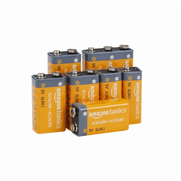 Set 7 baterii alcaline Amazon Basics 9V 6LR61 pentru detectoare de fum și CO, electronice, durată de stocare 5 ani