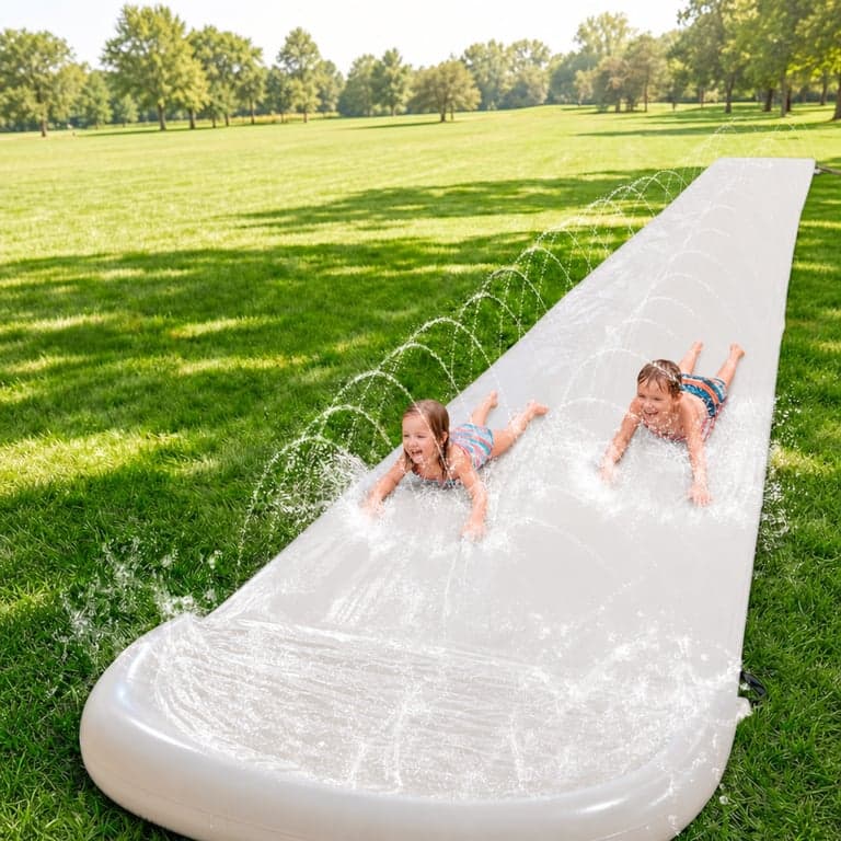 Tobogan de apă pentru grădină Sloosh de 685,8 cm (22,5 ft), pistă dublă — lipsesc 2 plăci de surf gonflabile (stare: vezi poza a 2-a)