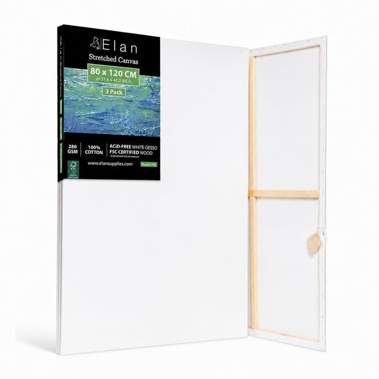 Pânză de pictură întinsă Elan 80x120 cm, 100% bumbac 280 g/m², grunduită cu gesso alb, cadru din lemn certificat FSC, pentru începători și avansați — set de 2 bucăți