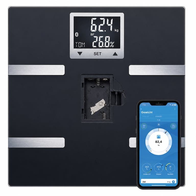 Cântar de diagnosticare cu Bluetooth Beurer BF 720 — defect, funcționează parțial: capacul bateriilor este rupt (stare: vezi a 2-a fotografie)
