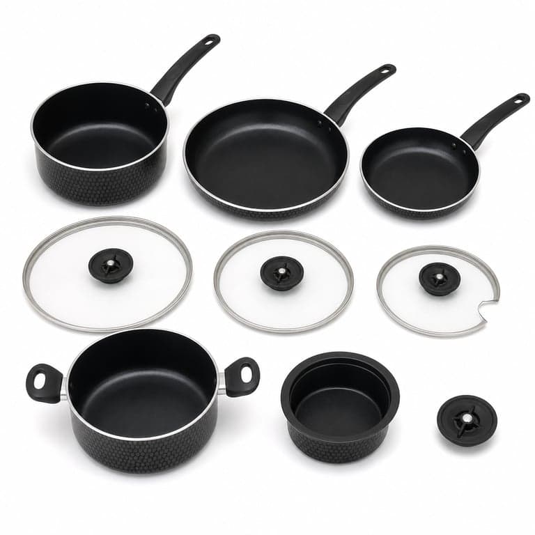 Set de vase cu înveliș ceramic antiaderent Amazon Basics, 8 piese, negru, cu capace — Mânerul unuia dintre capace este rupt (Produs Outlet)