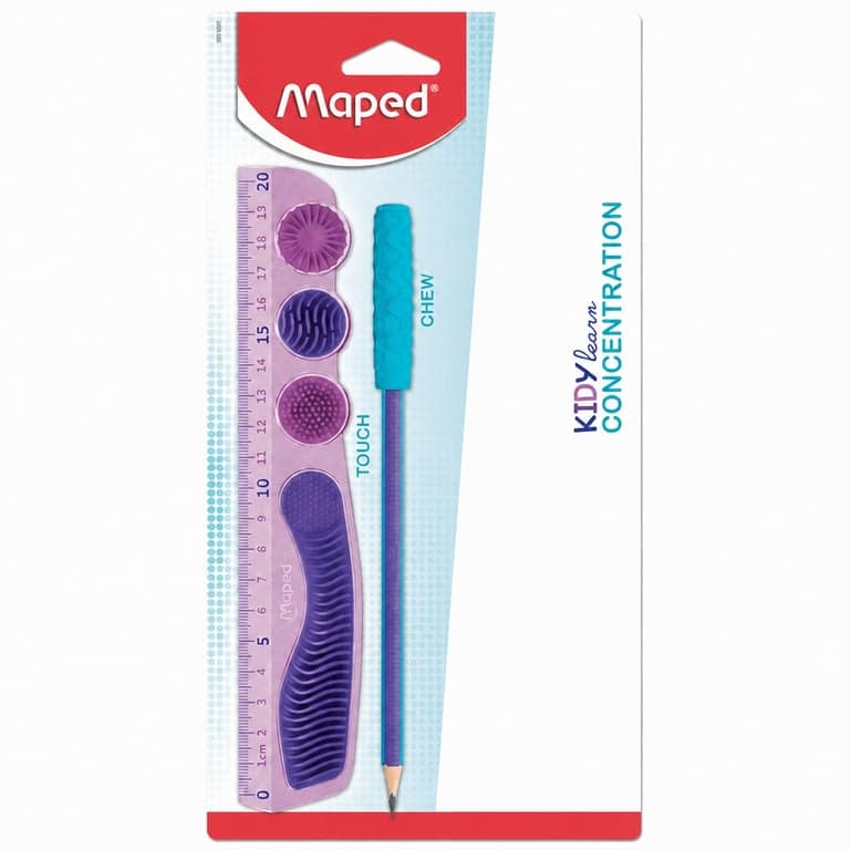 Set școlar Maped Kidy Learn Concentration mov, 3 piese (ascuțitoare, radieră, creion grafit cu vârf senzorial) – fără riglă